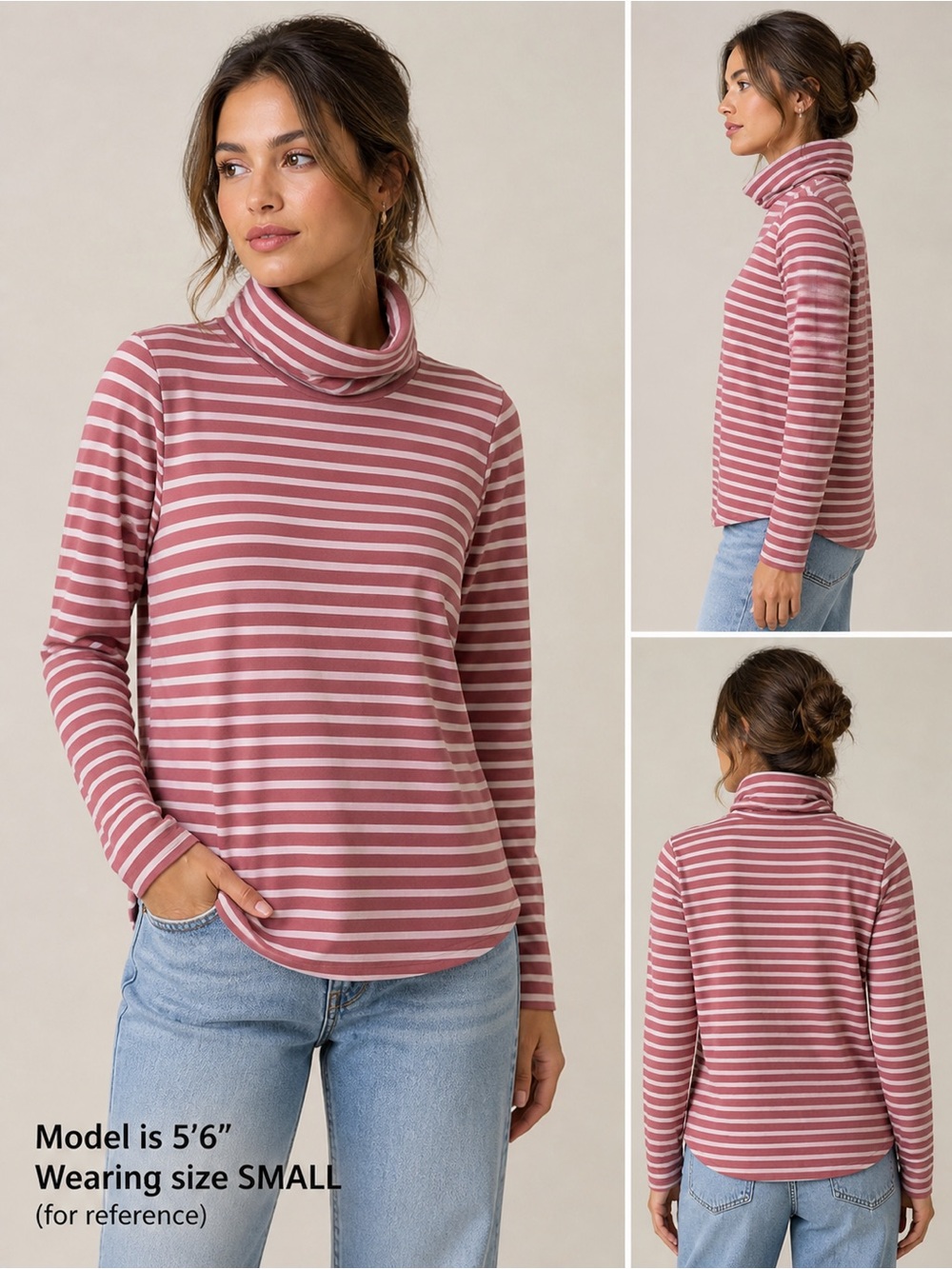 NWT Belle Soft Egyptian Cotton‎ Striped Pink White Long Sleeve Turtleneck XXS